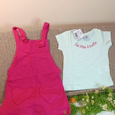 Conjunto blusa e salopete - 01 ano - rosa e azul