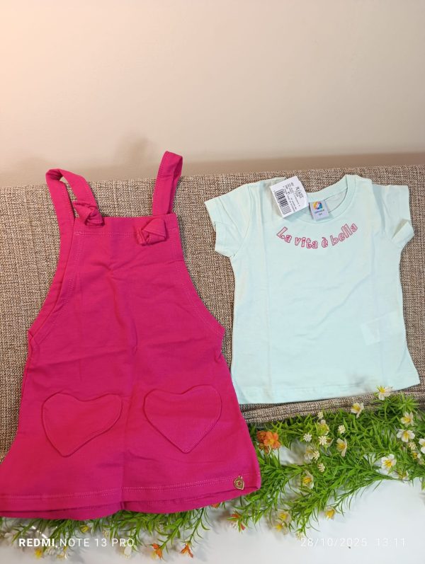 Conjunto blusa e salopete - 01 ano - rosa e azul