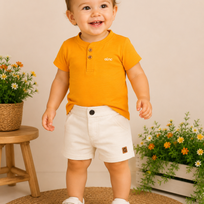 Conjunto Infantil Masculino Alenice Camiseta Laranja e Bermuda Off White