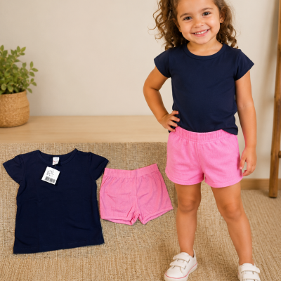 Conjunto Infantil Feminino Le Cav Blusa Azul Marinho e Short Rosa