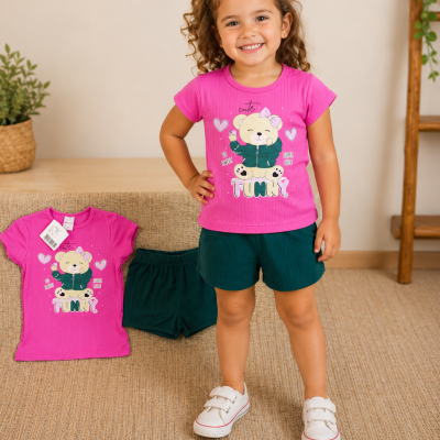 Conjunto Infantil Le Cav Ursinha Funny e Short Verde
