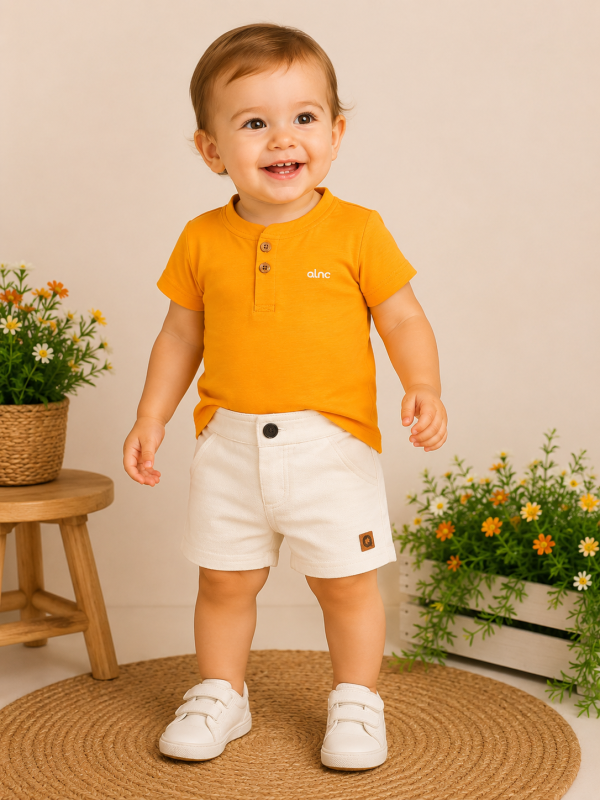 Conjunto Infantil Masculino Alenice Camiseta Laranja e Bermuda Off White