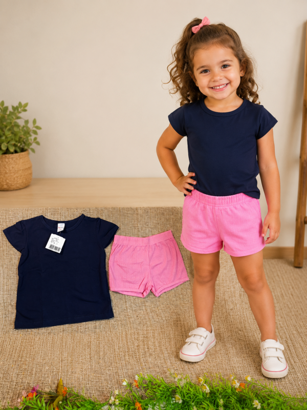 Conjunto Infantil Feminino Le Cav Blusa Azul Marinho e Short Rosa