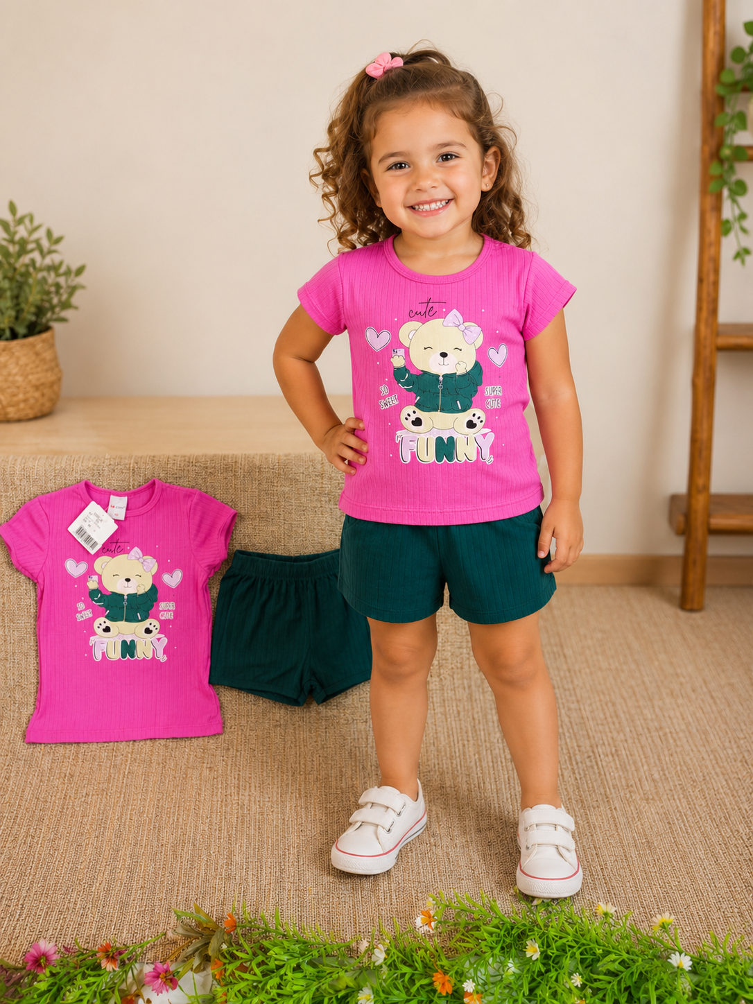 Conjunto Infantil Le Cav Ursinha Funny e Short Verde