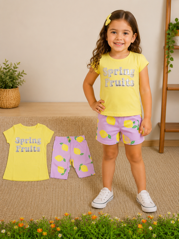 Conjunto Infantil Brandili Spring Fruits Lilás e Amarelo