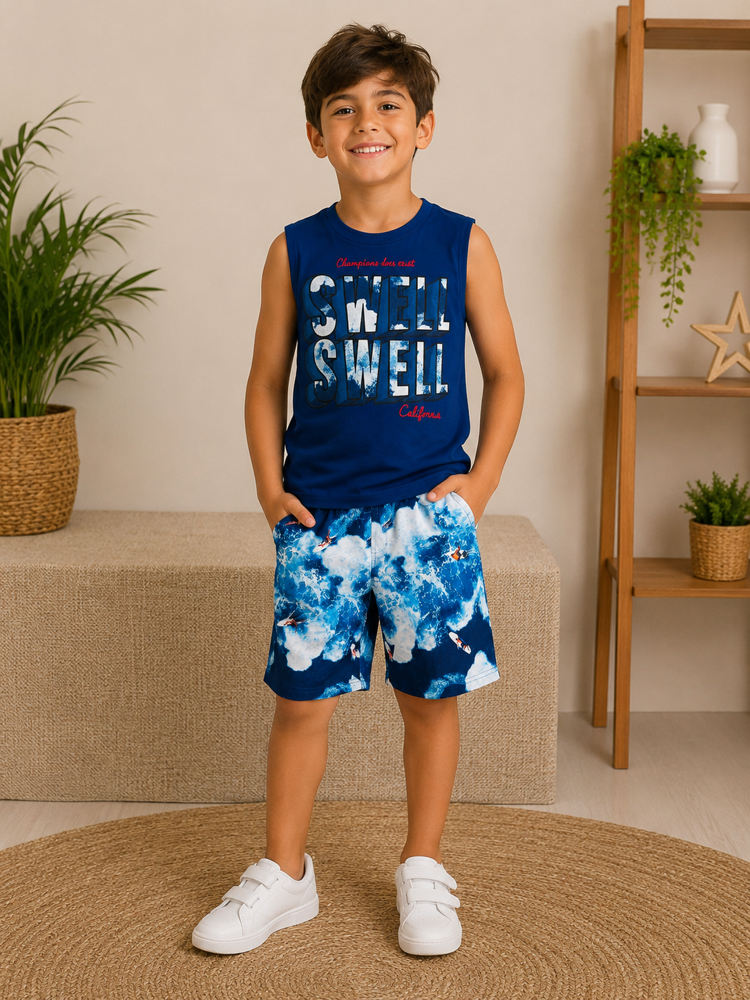 Conjunto Infantil Brandili Swell Regata Azul e Short Surf