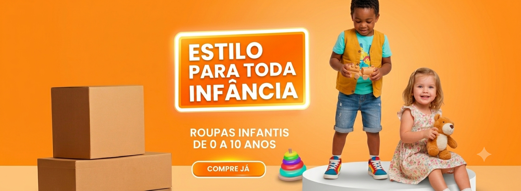 Banner publicitário de roupas infantis com crianças brincando e o texto "Estilo Para Toda Infância - Roupas Infantis de 0 a 10 Anos