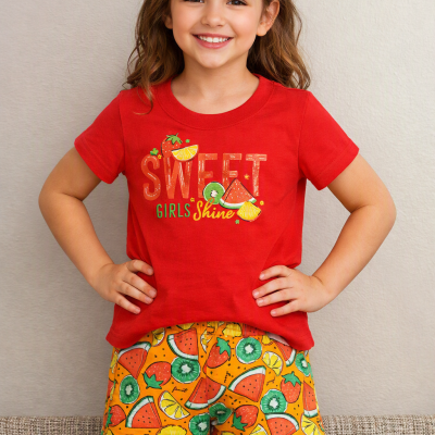 Conjunto Infantil Feminino Kely Kety – Blusa Vermelha e Short Estampado