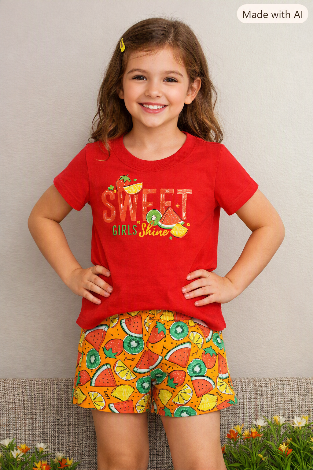 Conjunto Infantil Feminino Kely Kety – Blusa Vermelha e Short Estampado