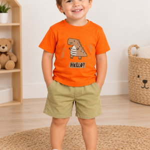 Conjunto Infantil Masculino Le Cav Camiseta de Dinossauro e Bermuda Verde